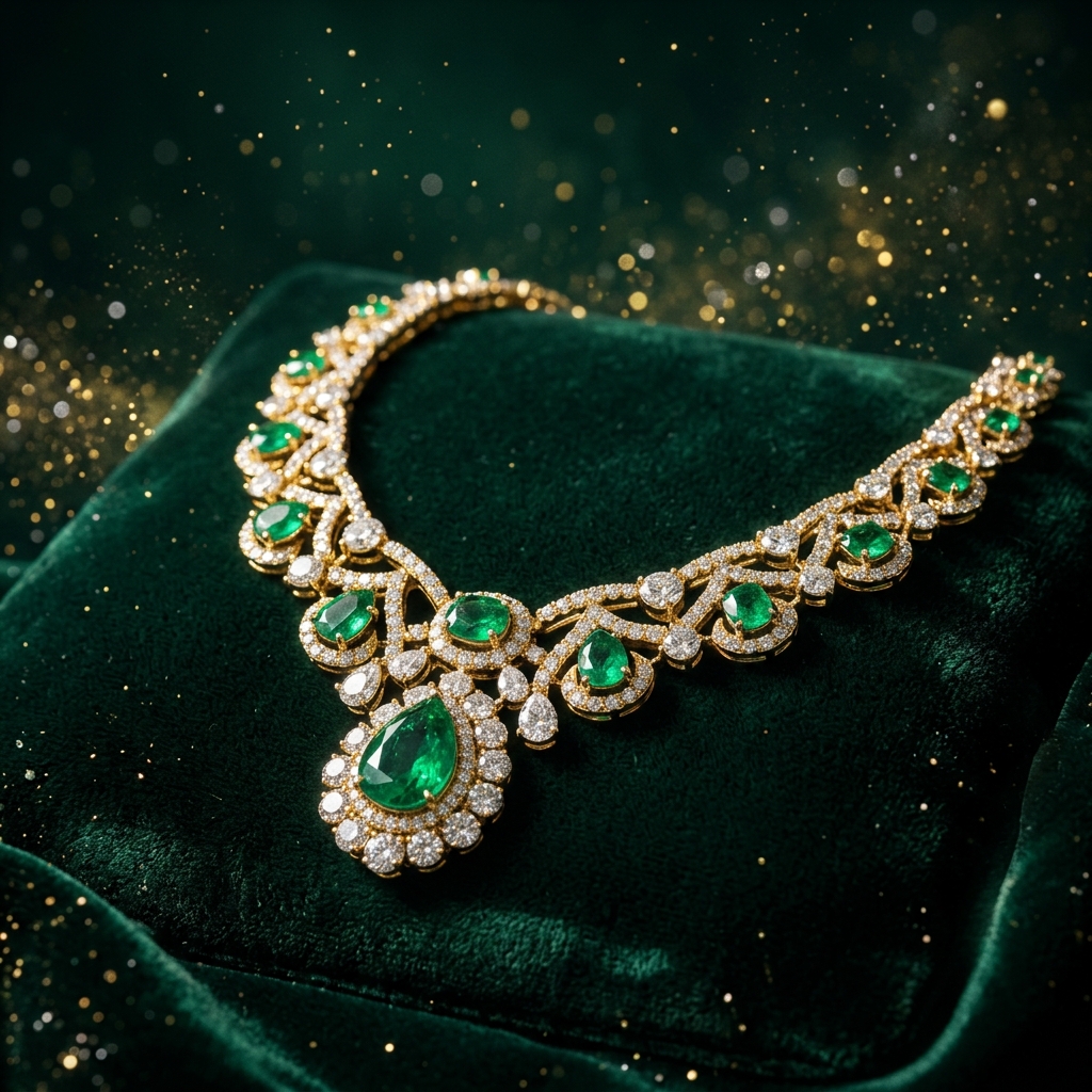 Luxurious diamond and emerald necklace